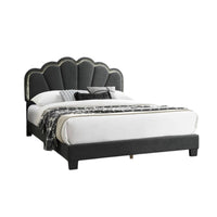 Geny Queen Size Bed, Charcoal Gray Wool Upholstery and LED, Glam Arch -BM332439
