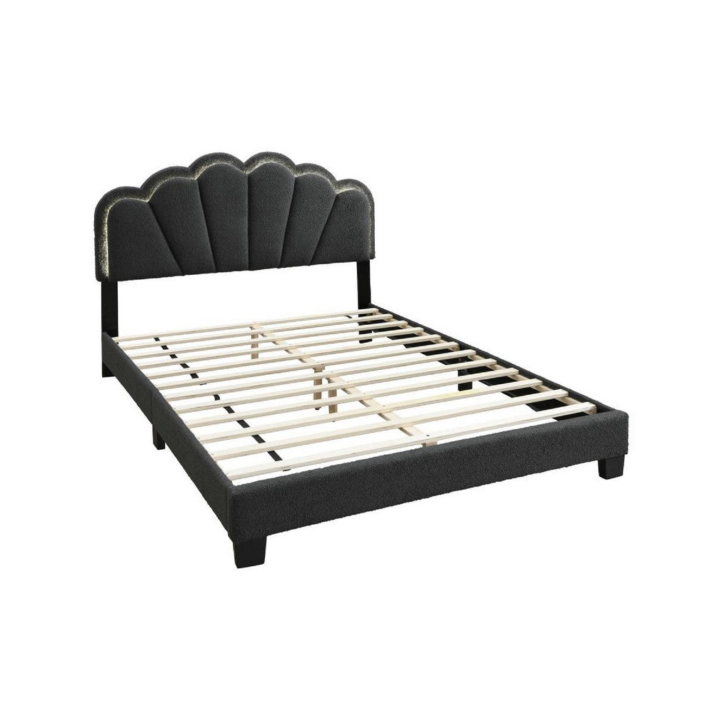 Geny Queen Size Bed, Charcoal Gray Wool Upholstery and LED, Glam Arch -BM332439