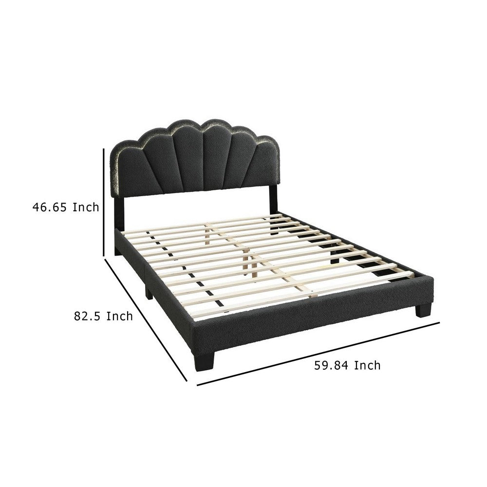 Geny Queen Size Bed, Charcoal Gray Wool Upholstery and LED, Glam Arch -BM332439