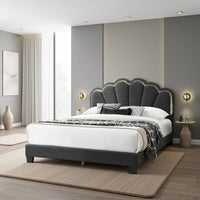 Geny Queen Size Bed, Charcoal Gray Wool Upholstery and LED, Glam Arch -BM332439