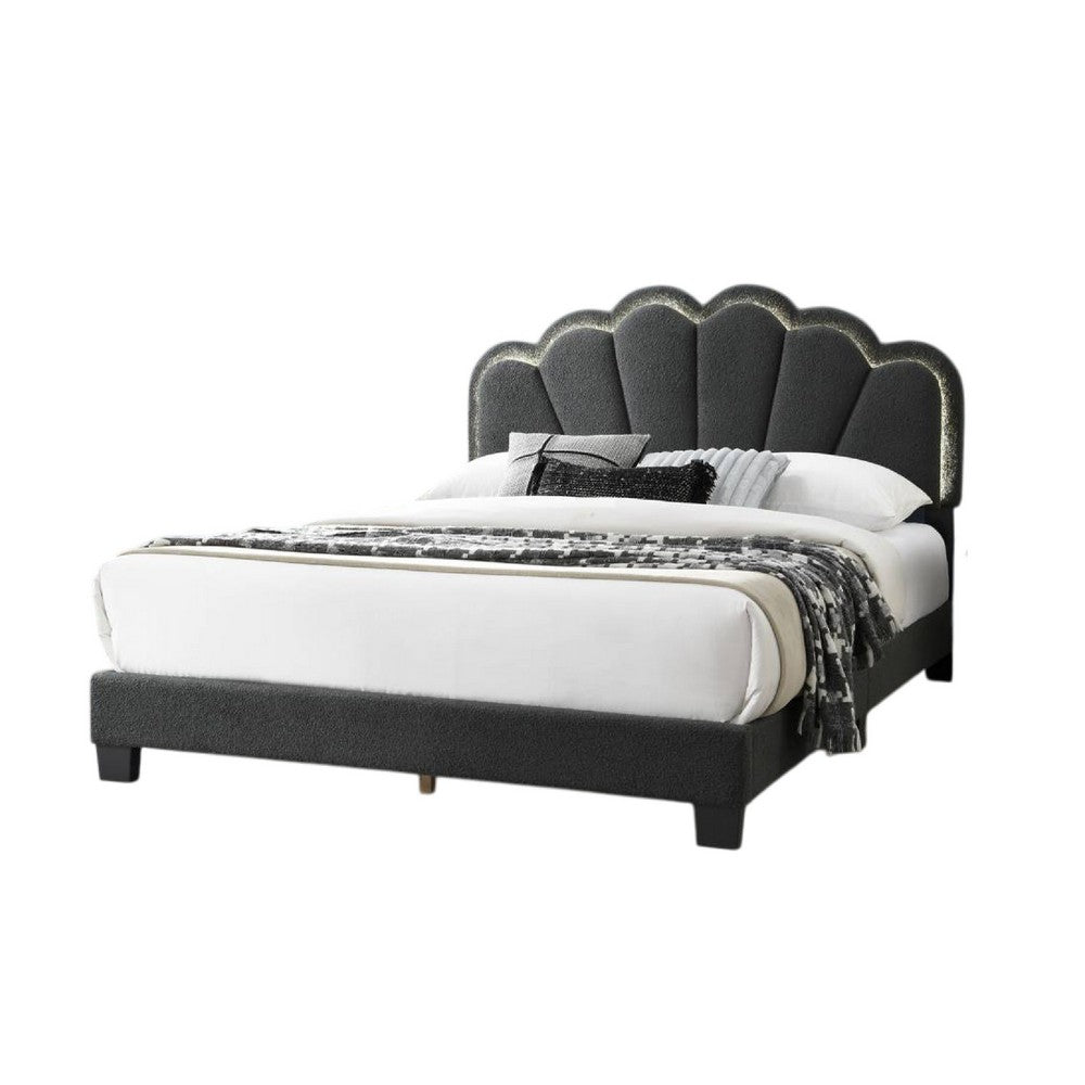 Geny Queen Size Bed, Charcoal Gray Wool Upholstery and LED, Glam Arch -BM332439