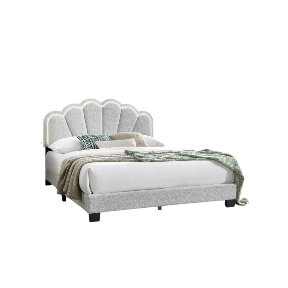 Geny Queen Size Bed, Classic White Wool Upholstery and LED, Glam Arch -BM332440