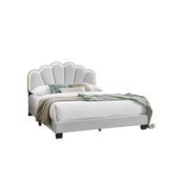 Geny Queen Size Bed, Classic White Wool Upholstery and LED, Glam Arch -BM332440
