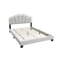 Geny Queen Size Bed, Classic White Wool Upholstery and LED, Glam Arch -BM332440