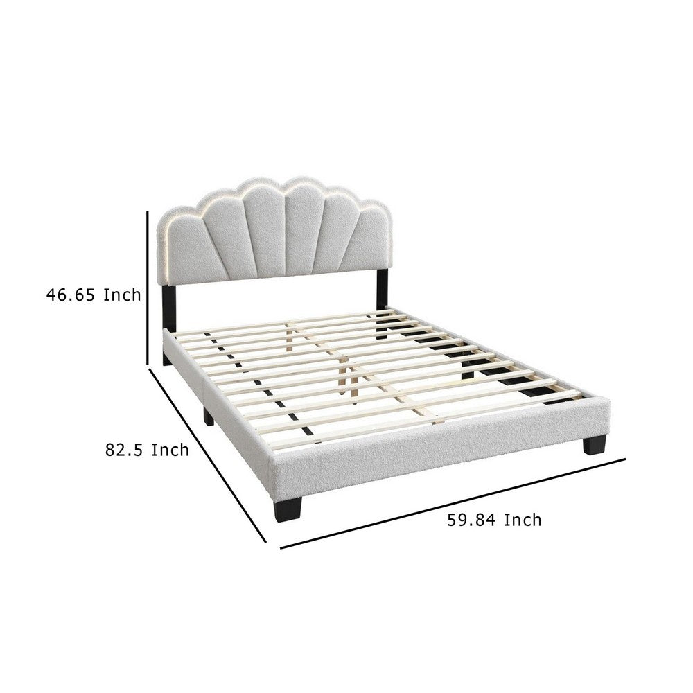 Geny Queen Size Bed, Classic White Wool Upholstery and LED, Glam Arch -BM332440