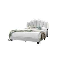 Geny Queen Size Bed, Classic White Wool Upholstery and LED, Glam Arch -BM332440