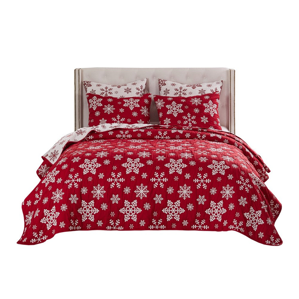 Flok 3 Piece Queen Quilt Set, Red and White Polyester, Snowflake Theme -BM332783