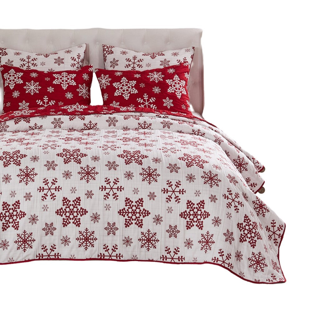 Flok 3 Piece Queen Quilt Set, Red and White Polyester, Snowflake Theme -BM332783