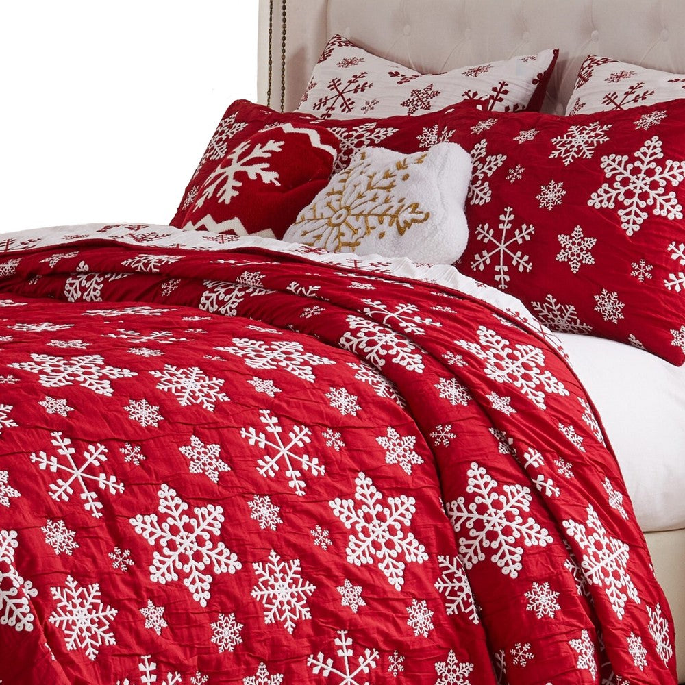 Flok 3 Piece Queen Quilt Set, Red and White Polyester, Snowflake Theme -BM332783