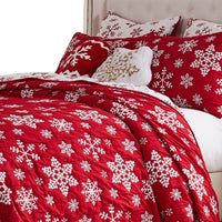 Flok 3 Piece Queen Quilt Set, Red and White Polyester, Snowflake Theme -BM332783