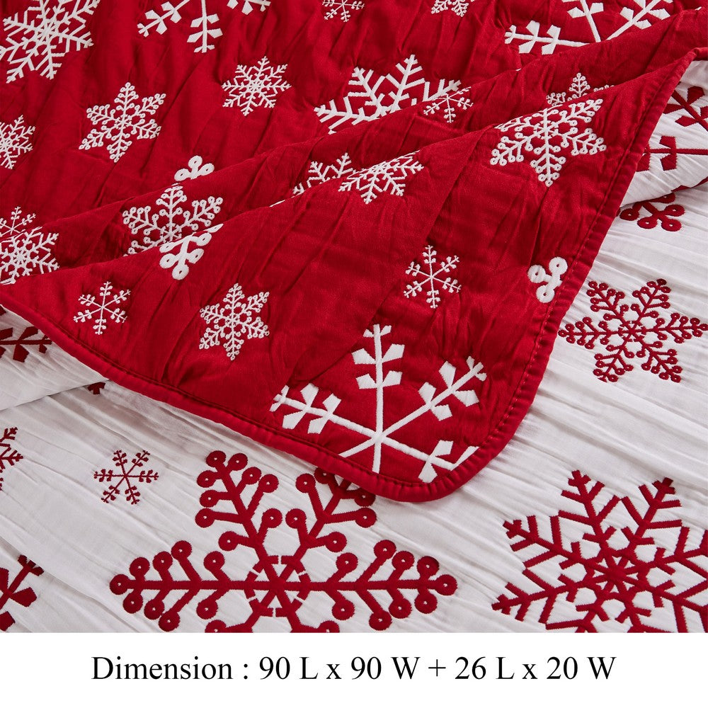 Flok 3 Piece Queen Quilt Set, Red and White Polyester, Snowflake Theme -BM332783