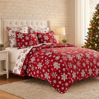 Flok 3 Piece Queen Quilt Set, Red and White Polyester, Snowflake Theme -BM332783