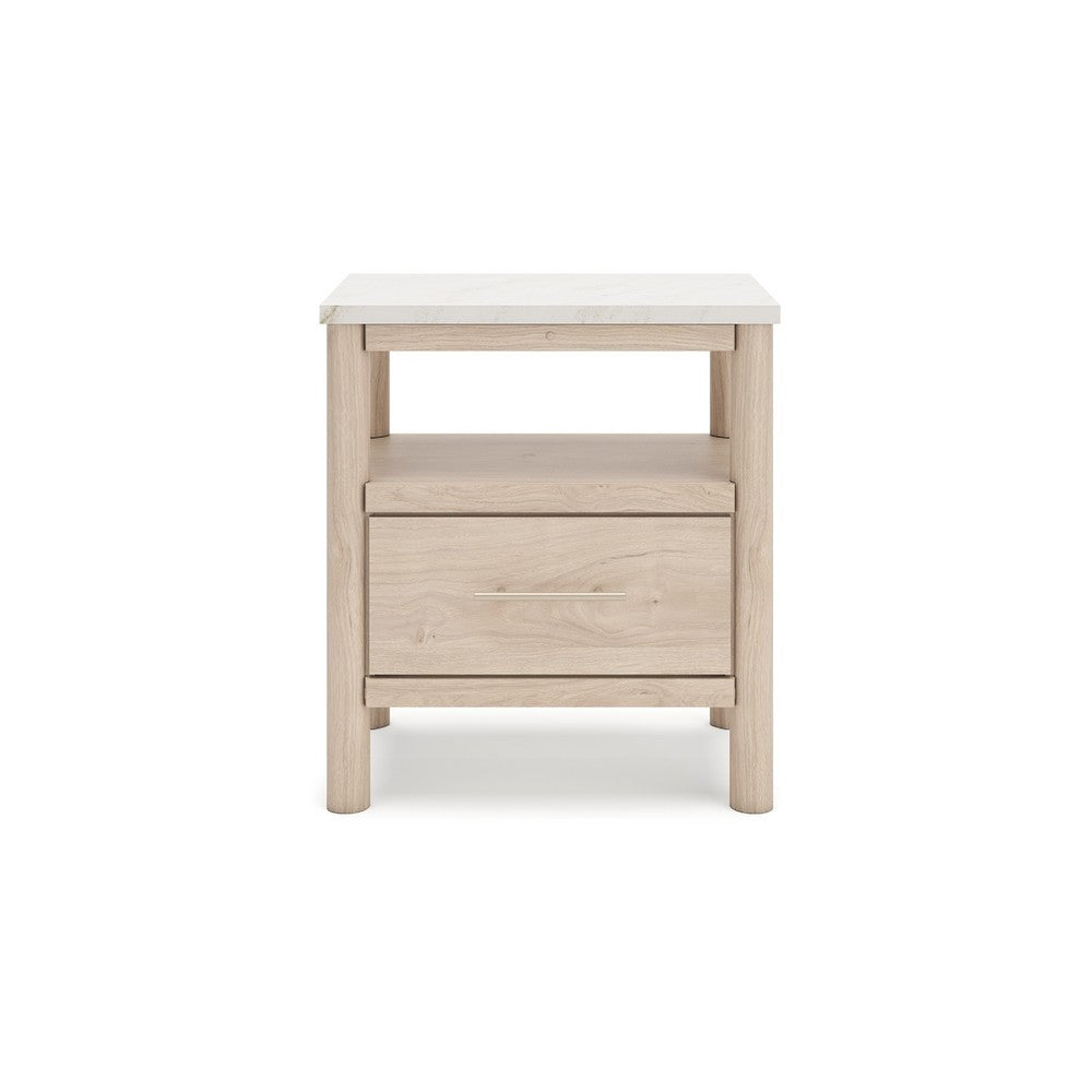 Mooran Nightstand, 1 Drawer w USB-C, Marble Finish Top, Brown Beige -BM332844