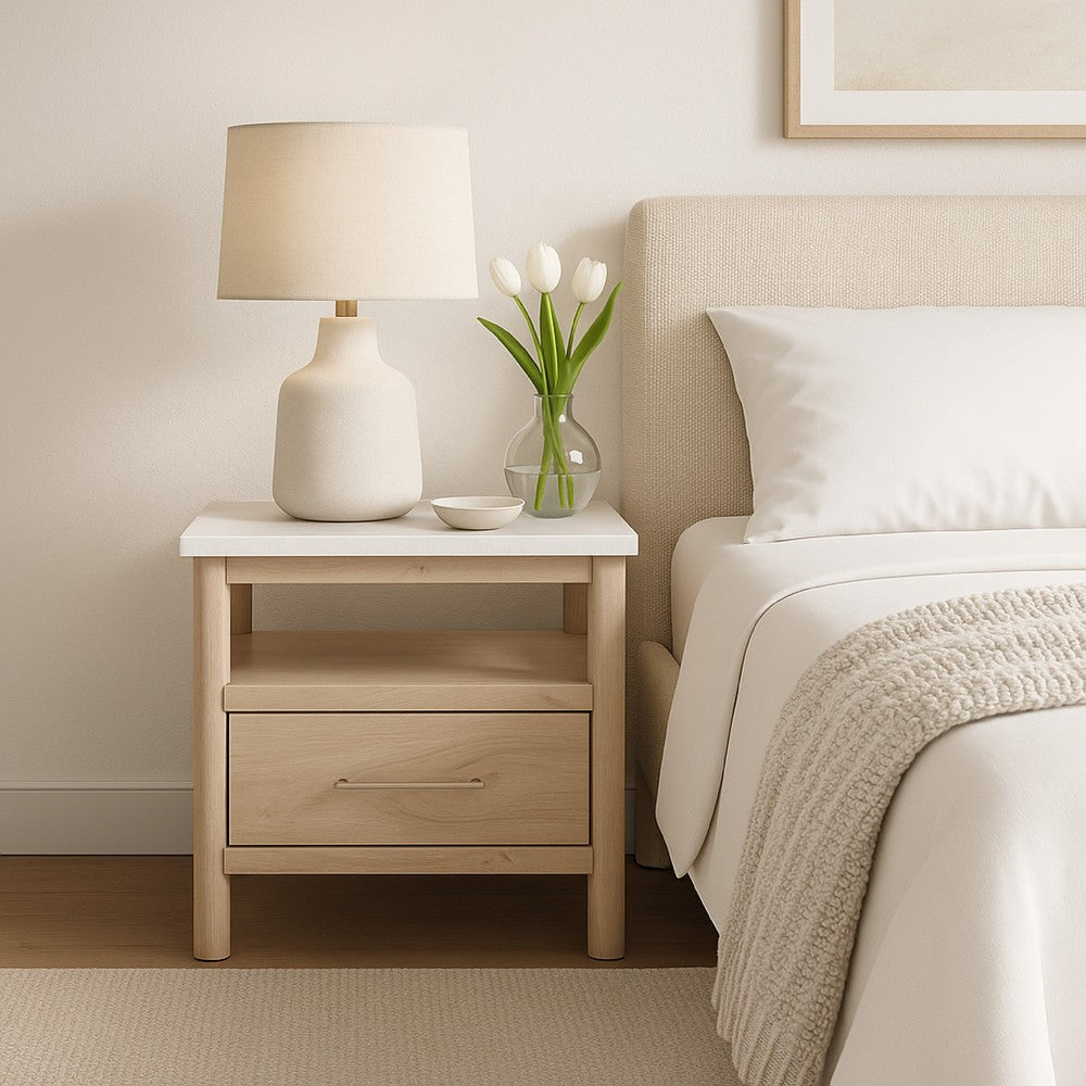 Mooran Nightstand, 1 Drawer w USB-C, Marble Finish Top, Brown Beige -BM332844