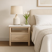 Mooran Nightstand, 1 Drawer w USB-C, Marble Finish Top, Brown Beige -BM332844