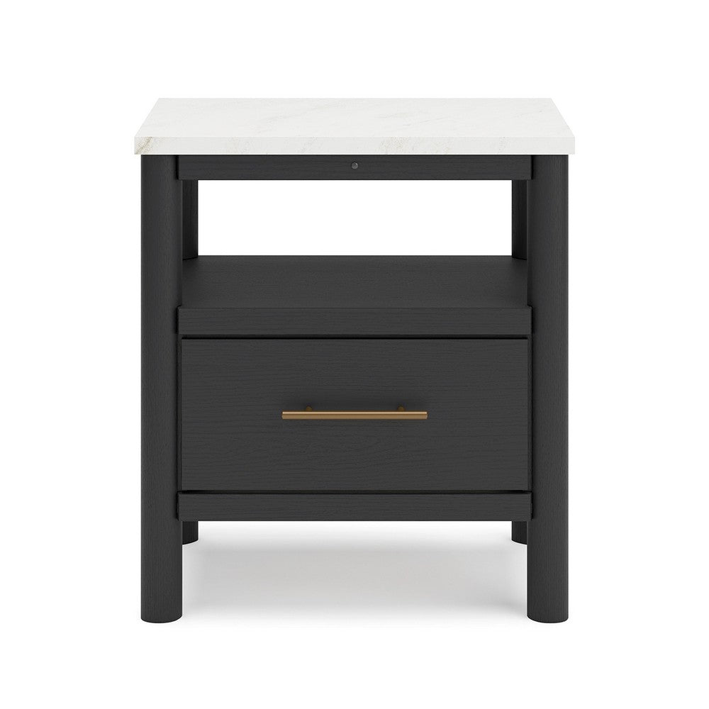 Mooran Nightstand, 1 Drawer w USB, White Marble Finish Top, Black -BM332847