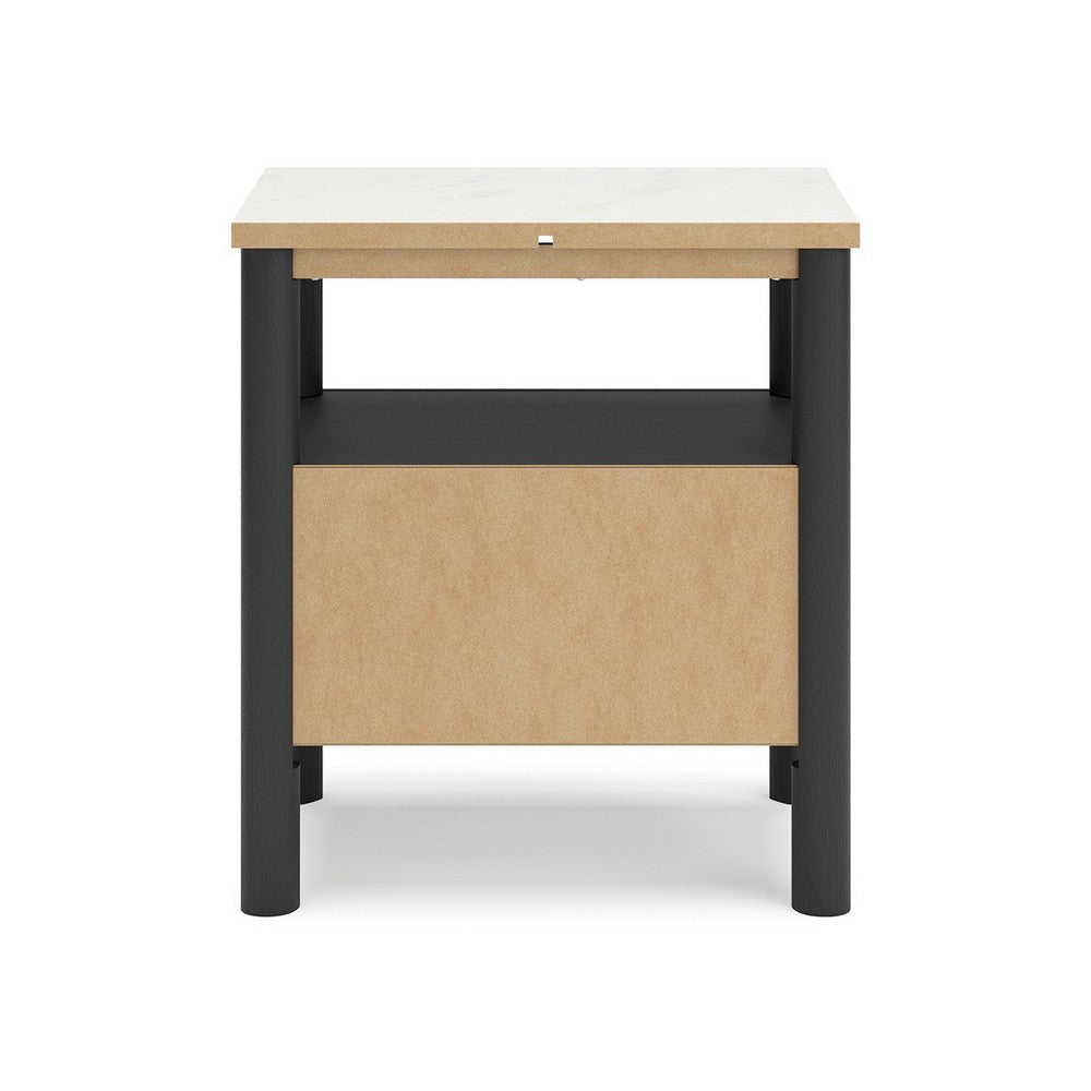 Mooran Nightstand, 1 Drawer w USB, White Marble Finish Top, Black -BM332847