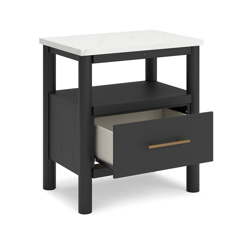 Mooran Nightstand, 1 Drawer w USB, White Marble Finish Top, Black -BM332847