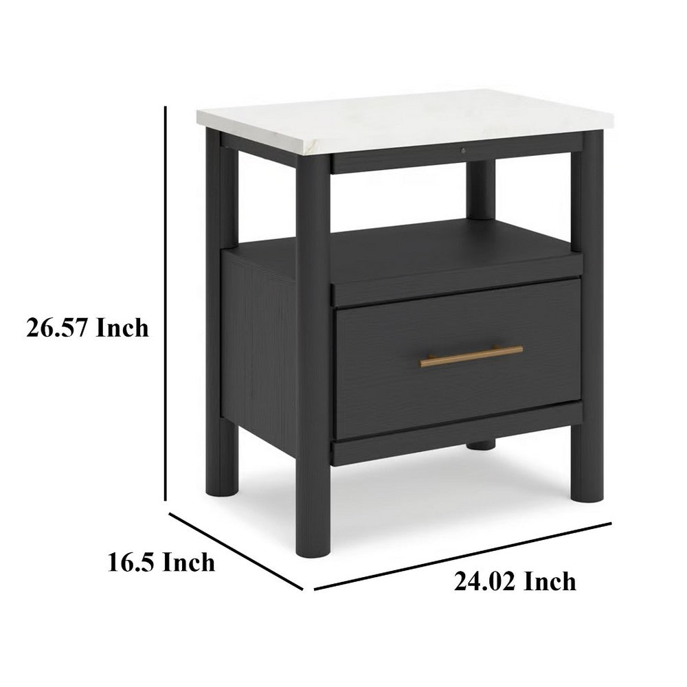 Mooran Nightstand, 1 Drawer w USB, White Marble Finish Top, Black -BM332847