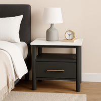 Mooran Nightstand, 1 Drawer w USB, White Marble Finish Top, Black -BM332847