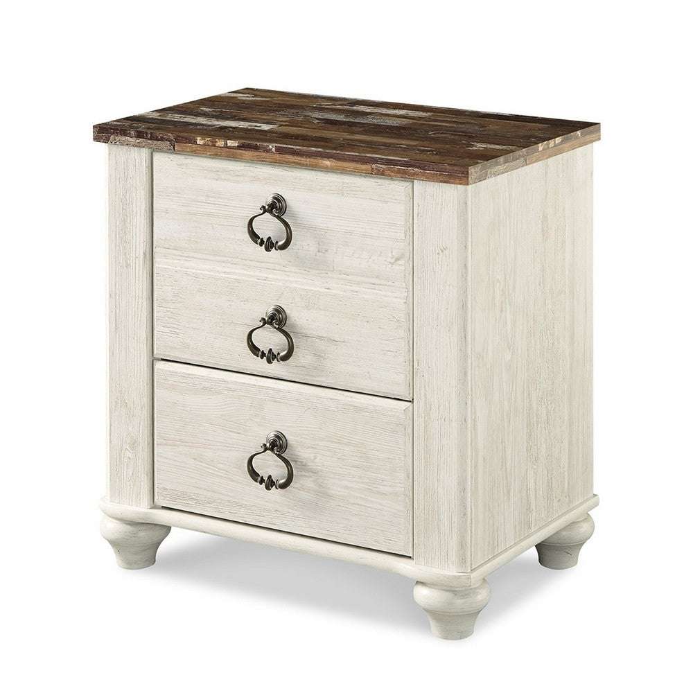 Isla Nightstand, 2 Drawers, 2 USB, Brown Wood Top, Rustic Whitewash -BM332851