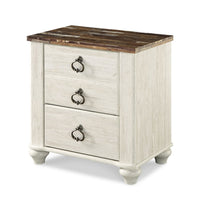 Isla Nightstand, 2 Drawers, 2 USB, Brown Wood Top, Rustic Whitewash -BM332851