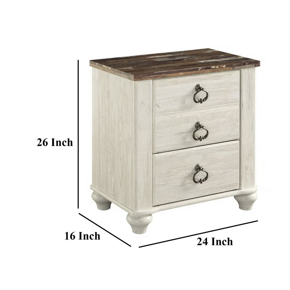 Isla Nightstand, 2 Drawers, 2 USB, Brown Wood Top, Rustic Whitewash -BM332851