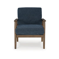 Bixy Accent Chair, 31 Inch, Brown Wood Armrests, Dark Blue Polyester -BM332923