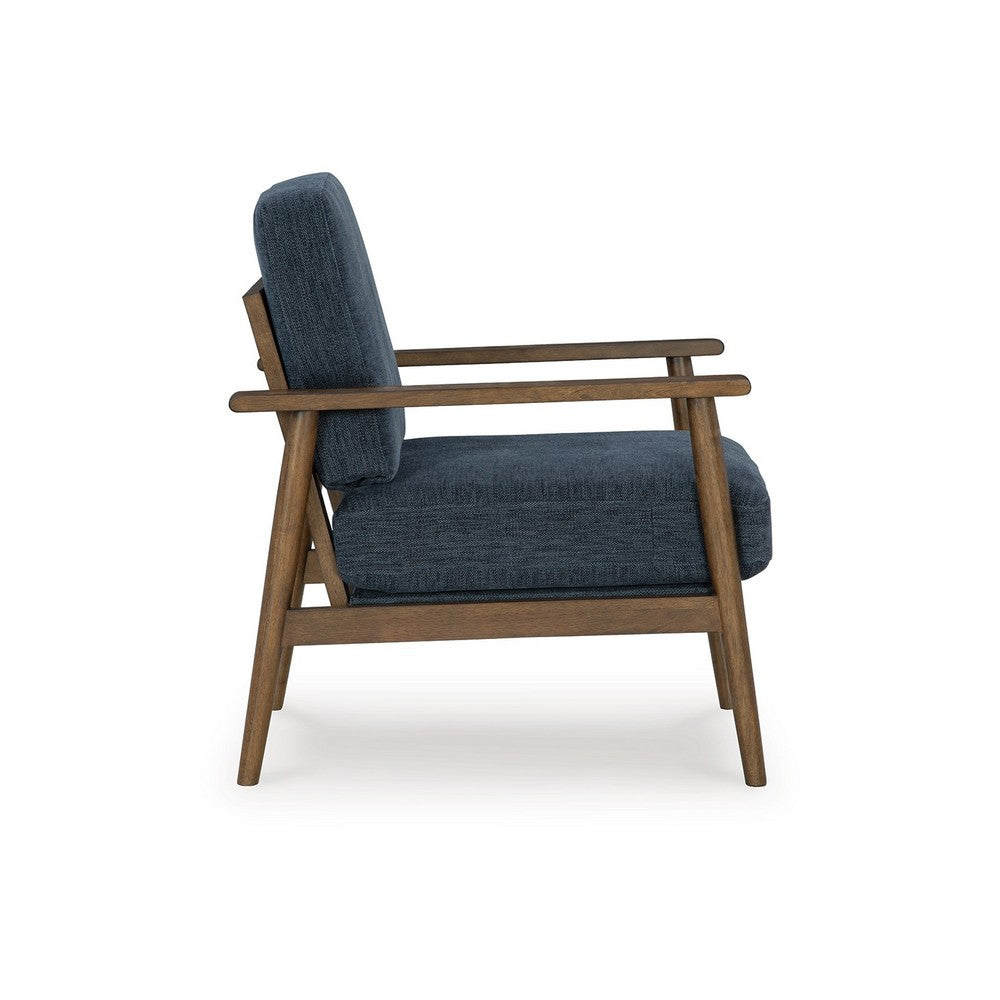 Bixy Accent Chair, 31 Inch, Brown Wood Armrests, Dark Blue Polyester -BM332923