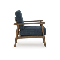 Bixy Accent Chair, 31 Inch, Brown Wood Armrests, Dark Blue Polyester -BM332923