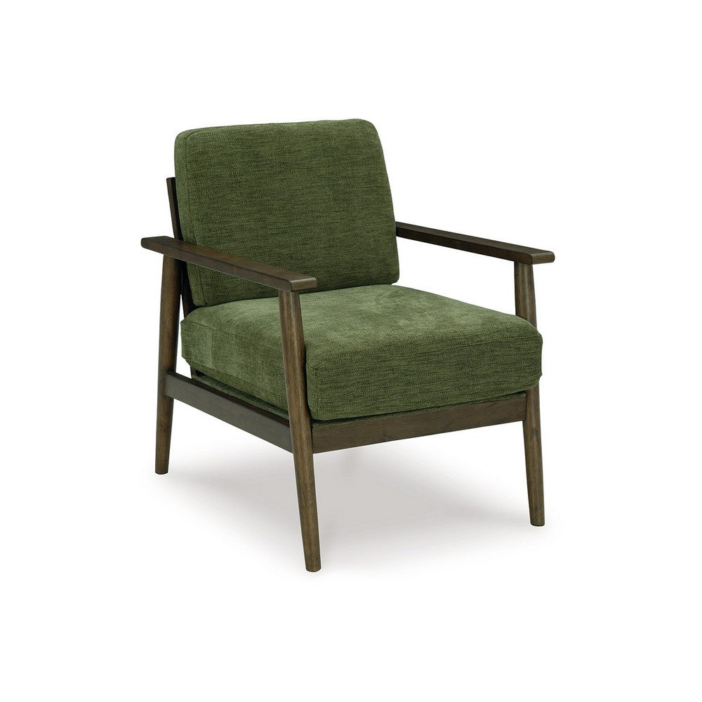 Bixy Accent Chair, 31 Inch, Brown Wood Armrests, Dark Green Polyester -BM332925