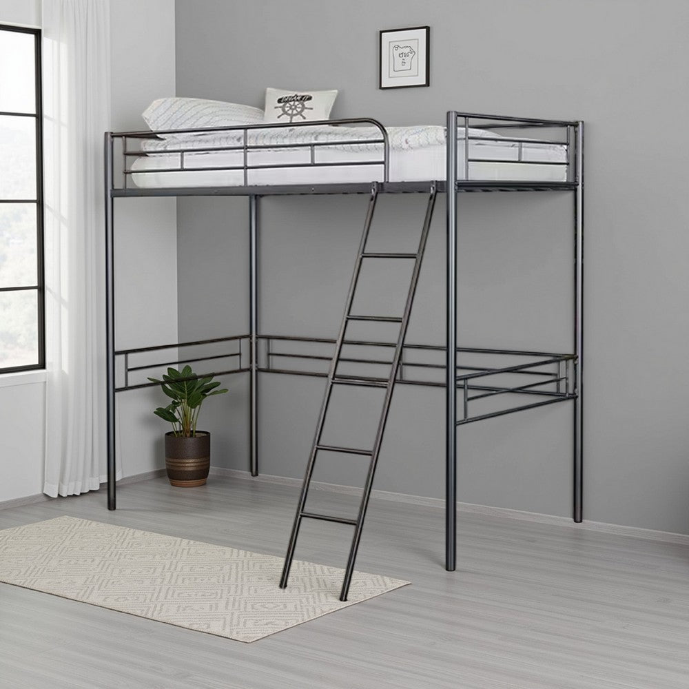 Mylz Twin Loft Bed, Black Metal Frame with Attached Angled Ladder -BM332999