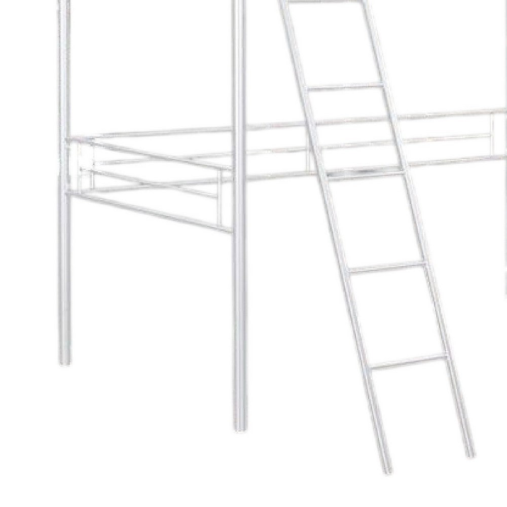 Mylz Twin Loft Bed, 61 Inch, White Metal Frame, Attached Angled Ladder -BM333001