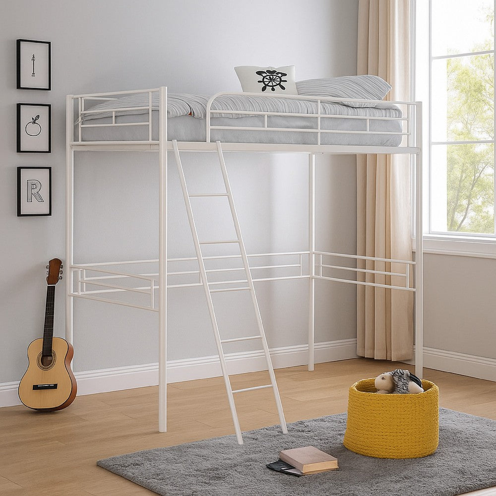 Mylz Twin Loft Bed, 61 Inch, White Metal Frame, Attached Angled Ladder -BM333001