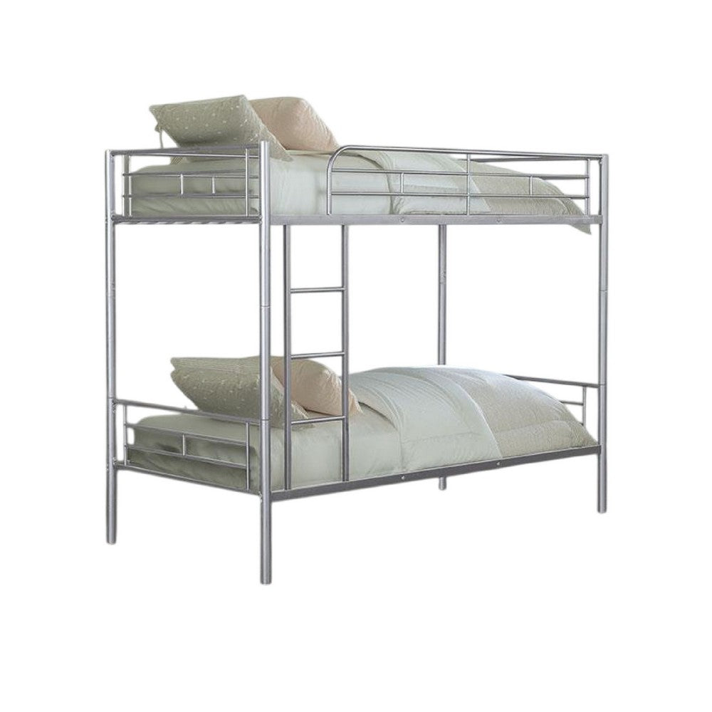 Neo Twin Over Twin Bunk Bed, Silver Metal Frame, Attached Ladder -BM333003