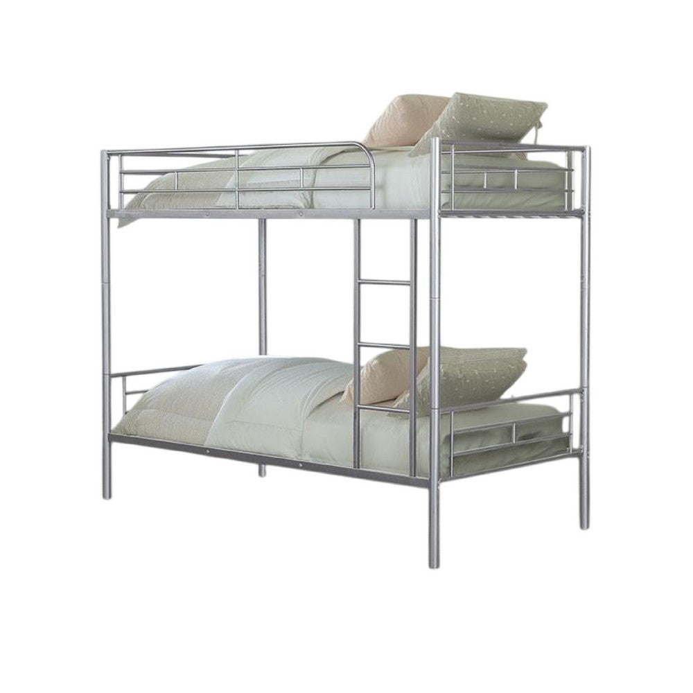 Neo Twin Over Twin Bunk Bed, Silver Metal Frame, Attached Ladder -BM333003
