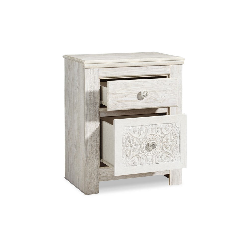 Paxy Nightstand, 2 Drawers, 2 USB Ports, Laminate Whitewash Finish -BM333008