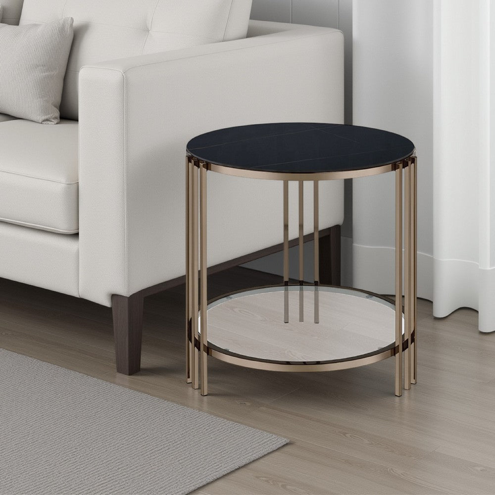 Abio Side End Table, 23 Inch, Round Sintered Stone Top, Black and Gold -BM333069