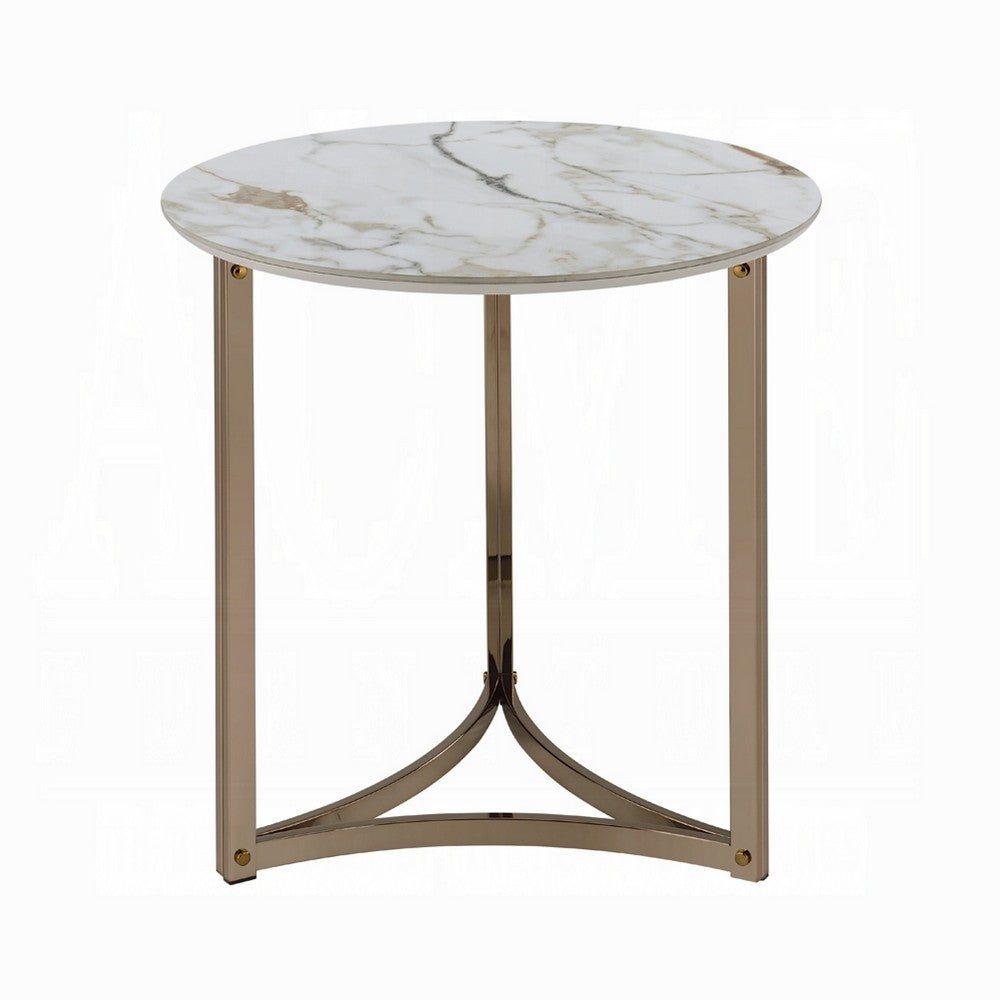 Acor Side End Table, 24 Inch, Round Sintered Stone Top, White and Gold -BM333071