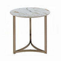 Acor Side End Table, 24 Inch, Round Sintered Stone Top, White and Gold -BM333071