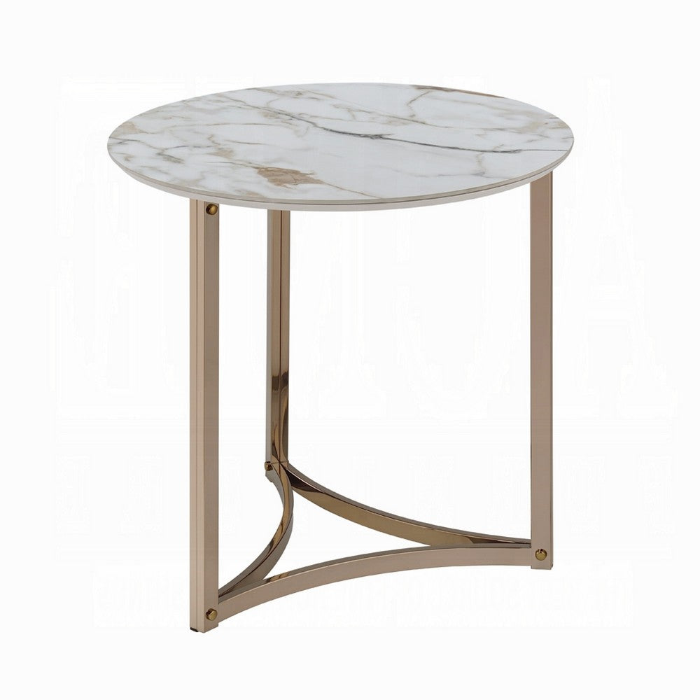 Acor Side End Table, 24 Inch, Round Sintered Stone Top, White and Gold -BM333071