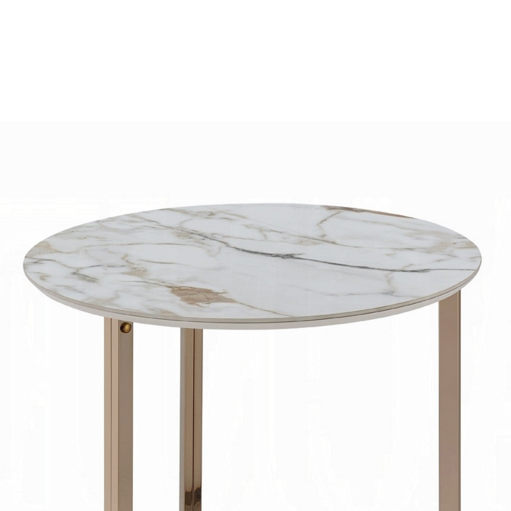 Acor Side End Table, 24 Inch, Round Sintered Stone Top, White and Gold -BM333071