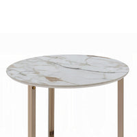 Acor Side End Table, 24 Inch, Round Sintered Stone Top, White and Gold -BM333071