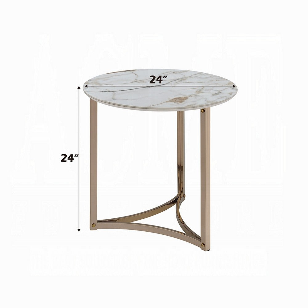 Acor Side End Table, 24 Inch, Round Sintered Stone Top, White and Gold -BM333071
