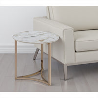 Acor Side End Table, 24 Inch, Round Sintered Stone Top, White and Gold -BM333071