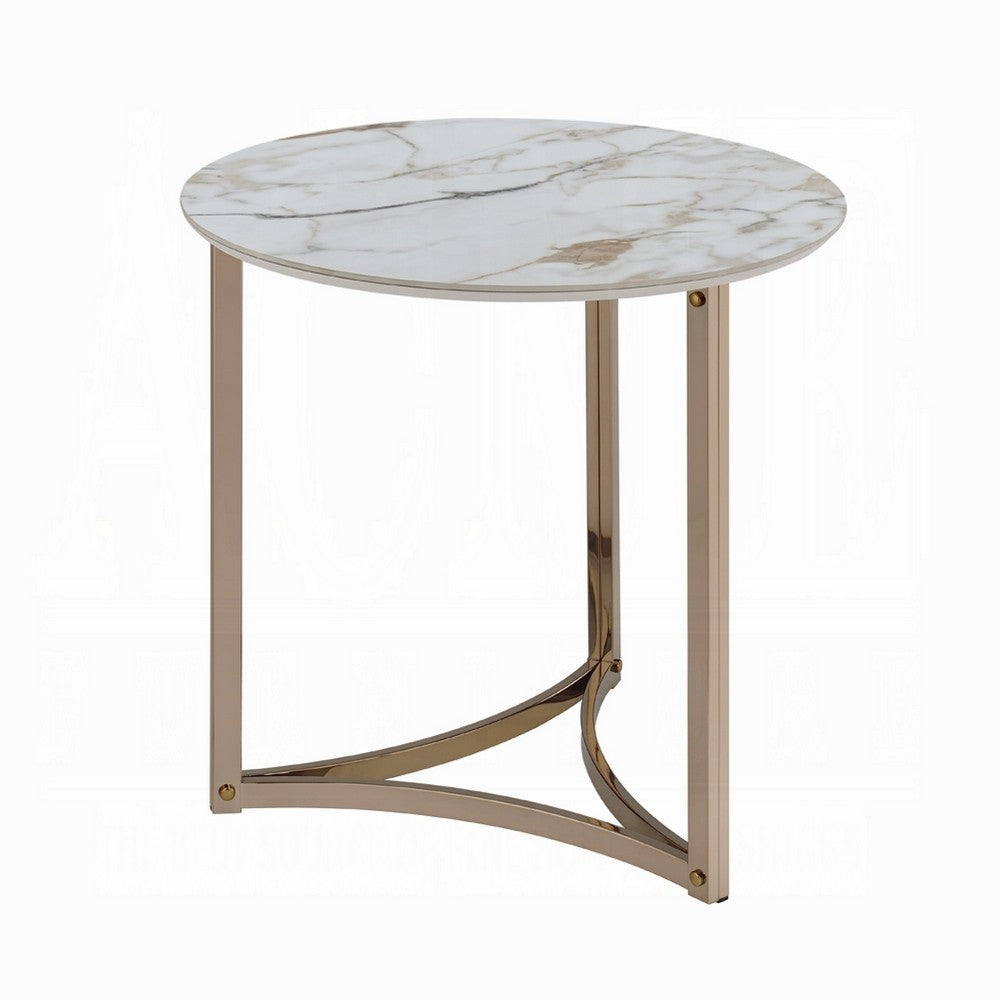 Acor Side End Table, 24 Inch, Round Sintered Stone Top, White and Gold -BM333071