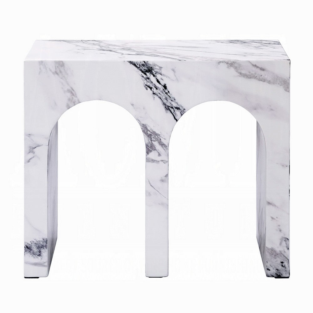 Ritzy Side End Table, White Faux Stone, Modern Arch Design 22 Inch -BM333099