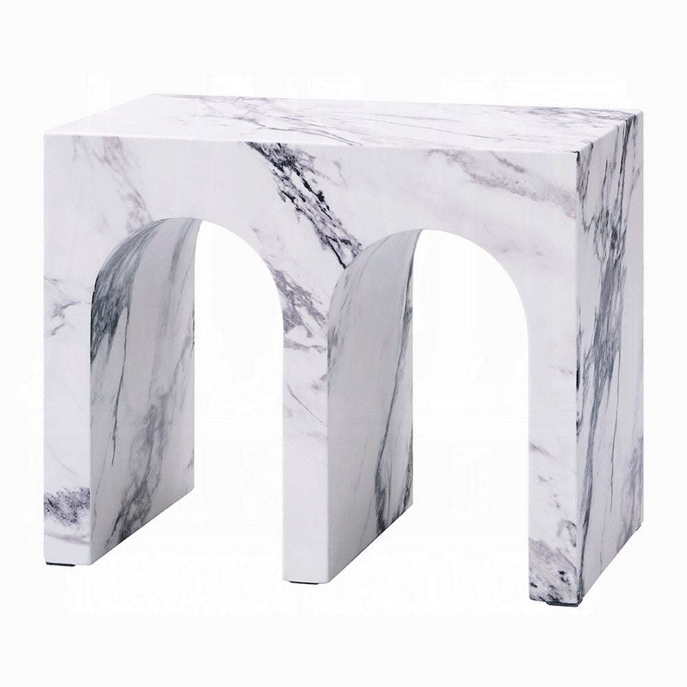 Ritzy Side End Table, White Faux Stone, Modern Arch Design 22 Inch -BM333099