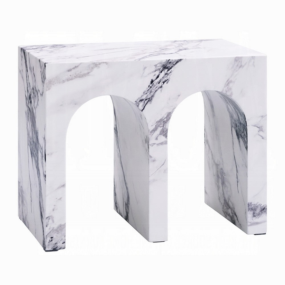 Ritzy Side End Table, White Faux Stone, Modern Arch Design 22 Inch -BM333099