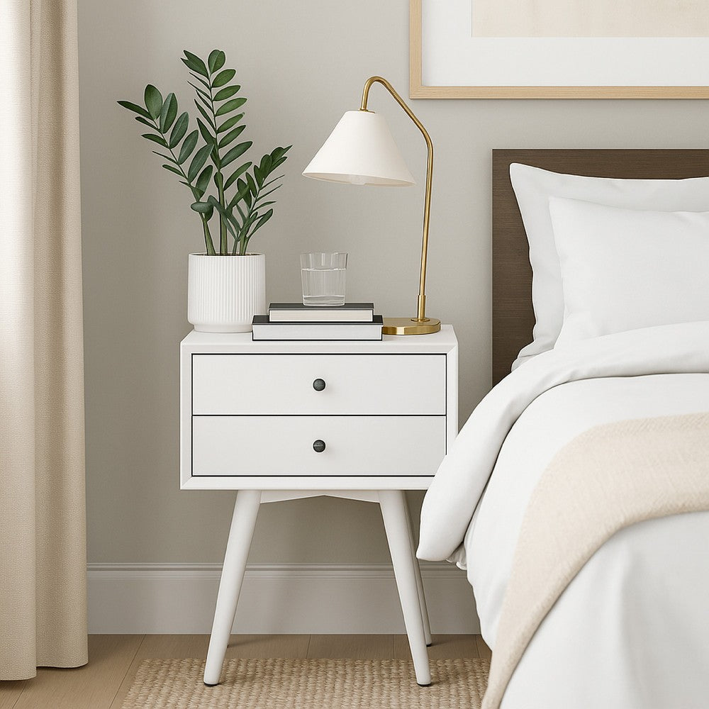 Ian Small Nightstand w 2 Drawers, Modern White Solid Mahogany Wood -BM333163